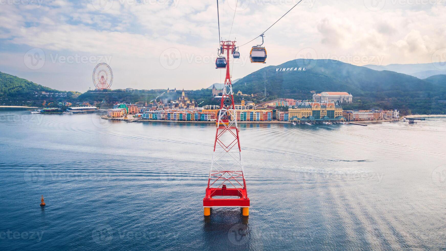 cable car cabins on cableway over sea to Hon Tre Island at Vinpearl Amusement Park in Nha Trang in Vietnam photo