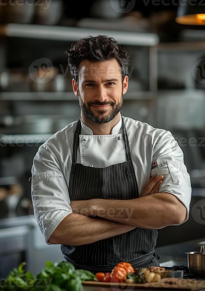 male chef cooking with passion, professional kitchen photo