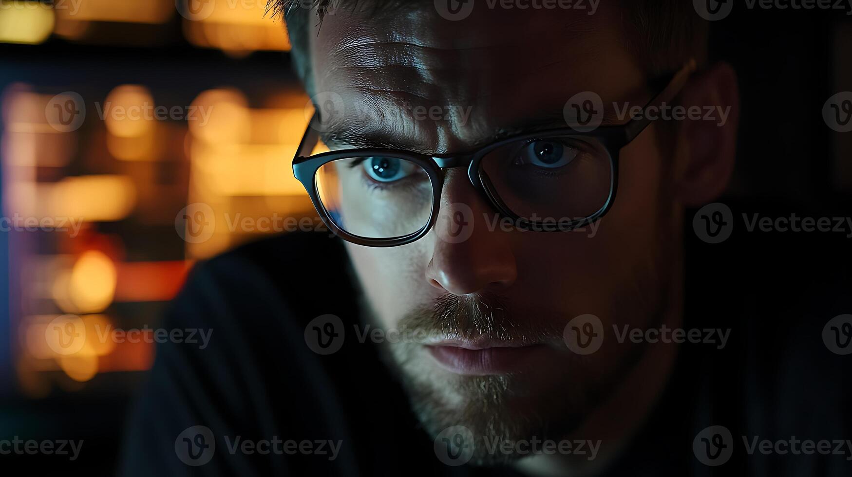 male professional wearing glasses analyzing financial charts on large monitor in dark tech office, focused expression, photo