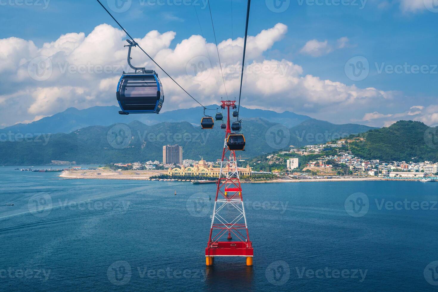 ropeway of cableway over sea to Hon Tre Island at Vinpearl Amusement Park in Nha Trang in Vietnam photo
