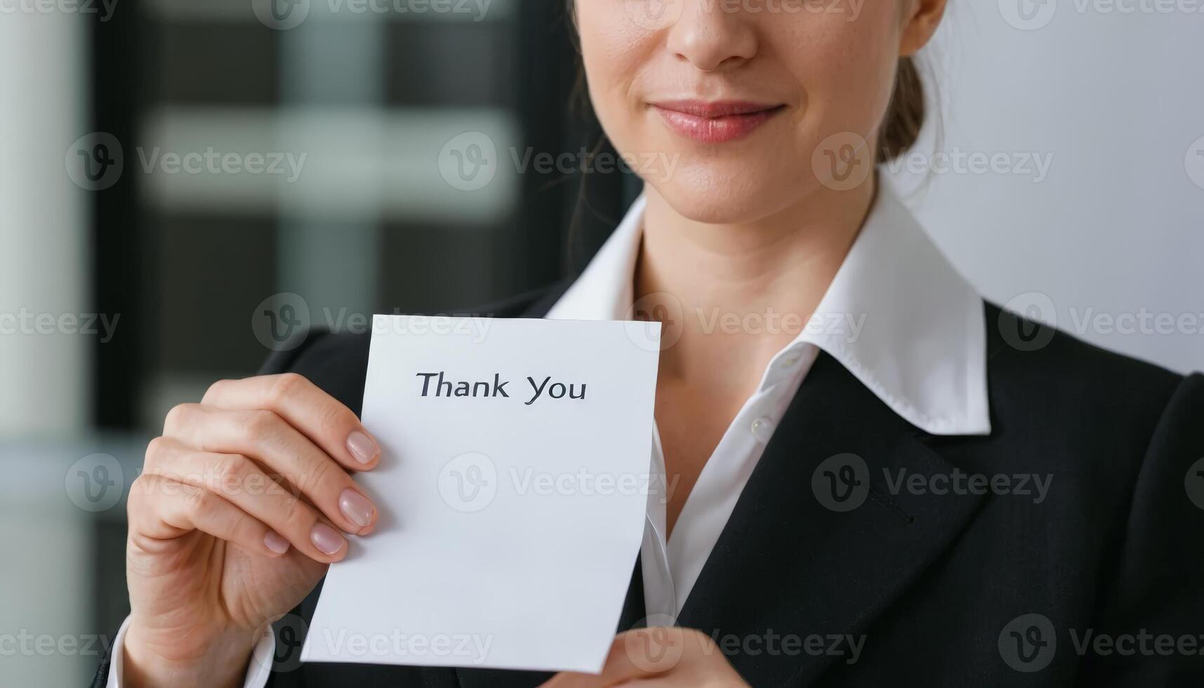 Businesswoman in formal attire holding a Thank you card, smiling, in a professional environment, symbolizing appreciation, gratitude, customer service, or positive corporate communication photo