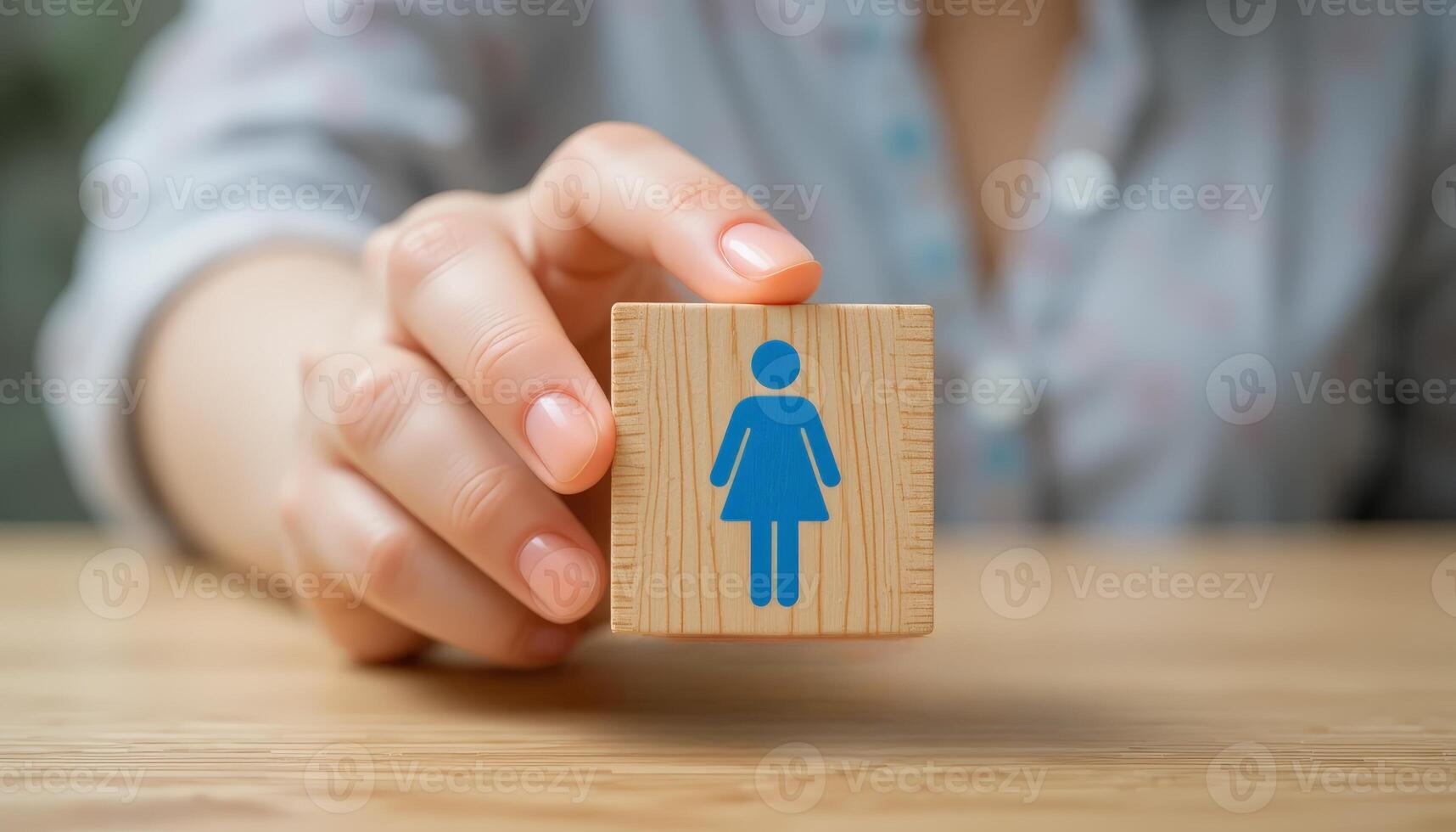 The hand holds a wooden block with a female symbol emphasizing gender identity and inclusivity. photo
