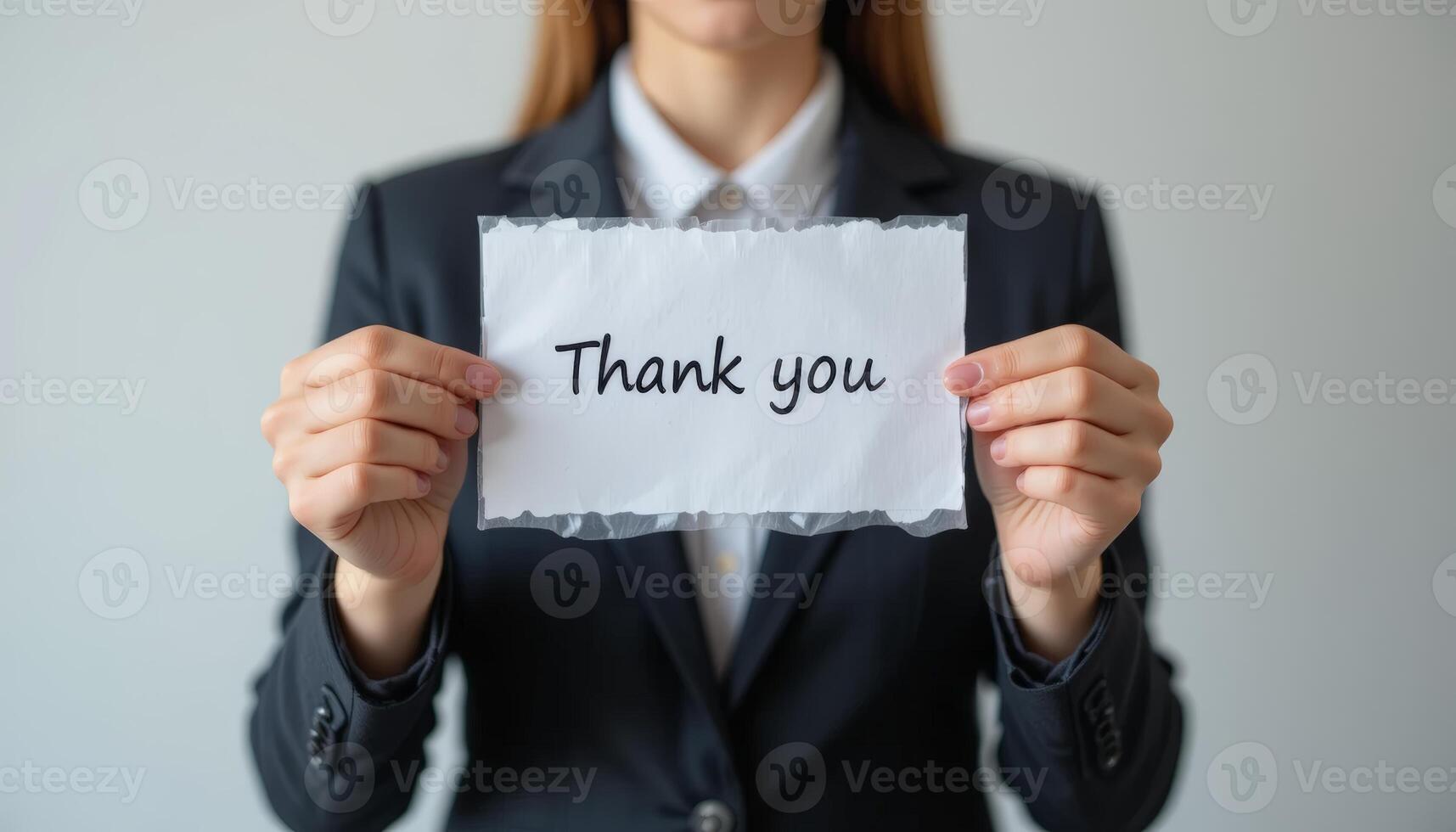Woman holding a Thank you note, wearing business attire in an office setting, conveying appreciation, customer support, thanks, or professional gratitude. photo