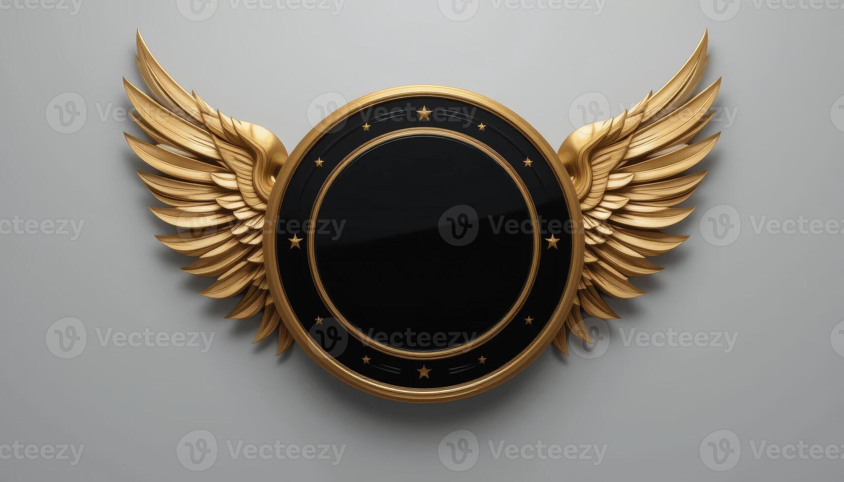 Detailed circular badge with golden wings, crafted for use in awards or seals, symbolizing prestige and excellence. photo