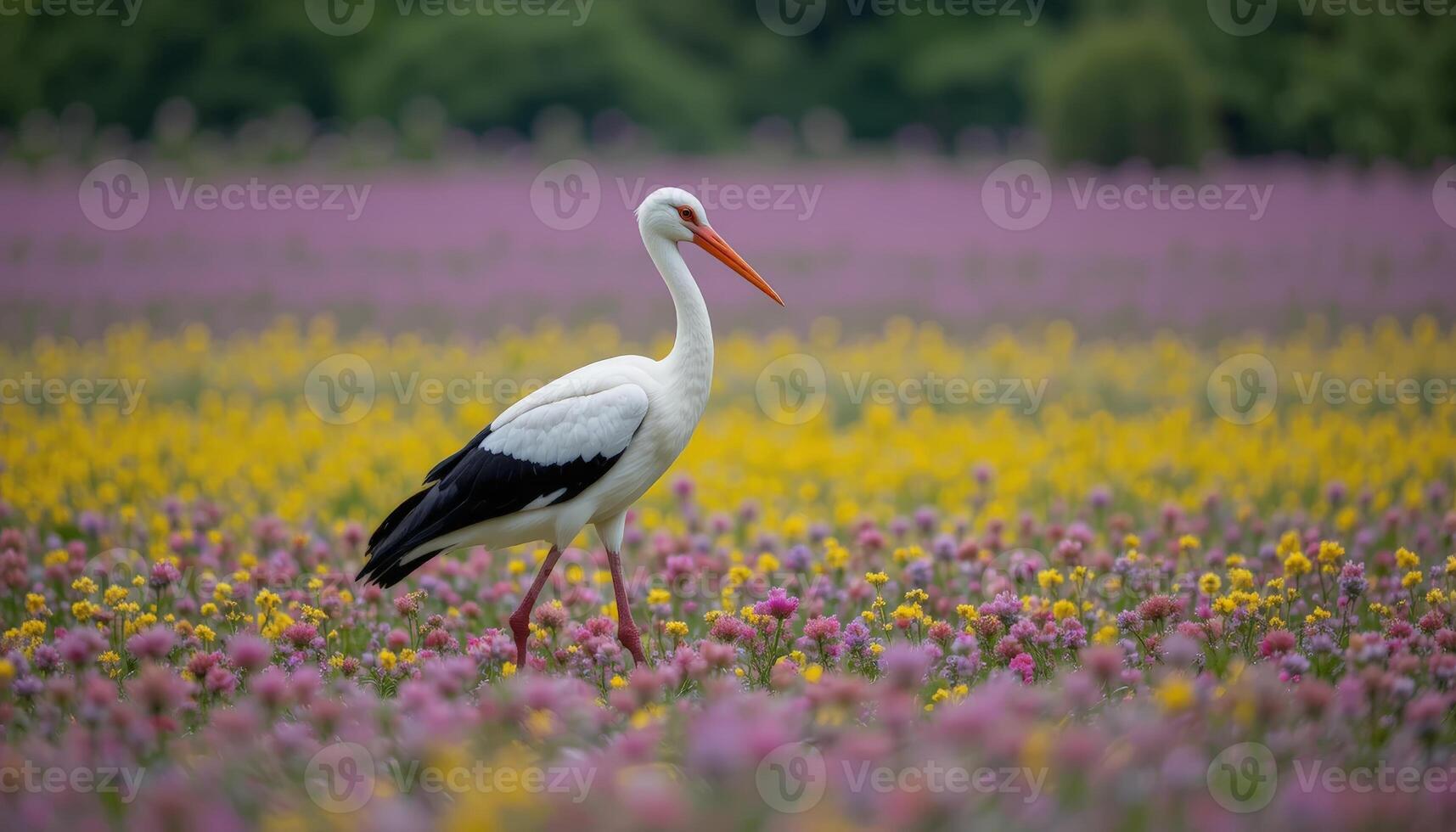 A graceful stork standing amidst colorful wildflowers in a natural setting, representing wildlife, nature beauty, or environmental conservation. photo