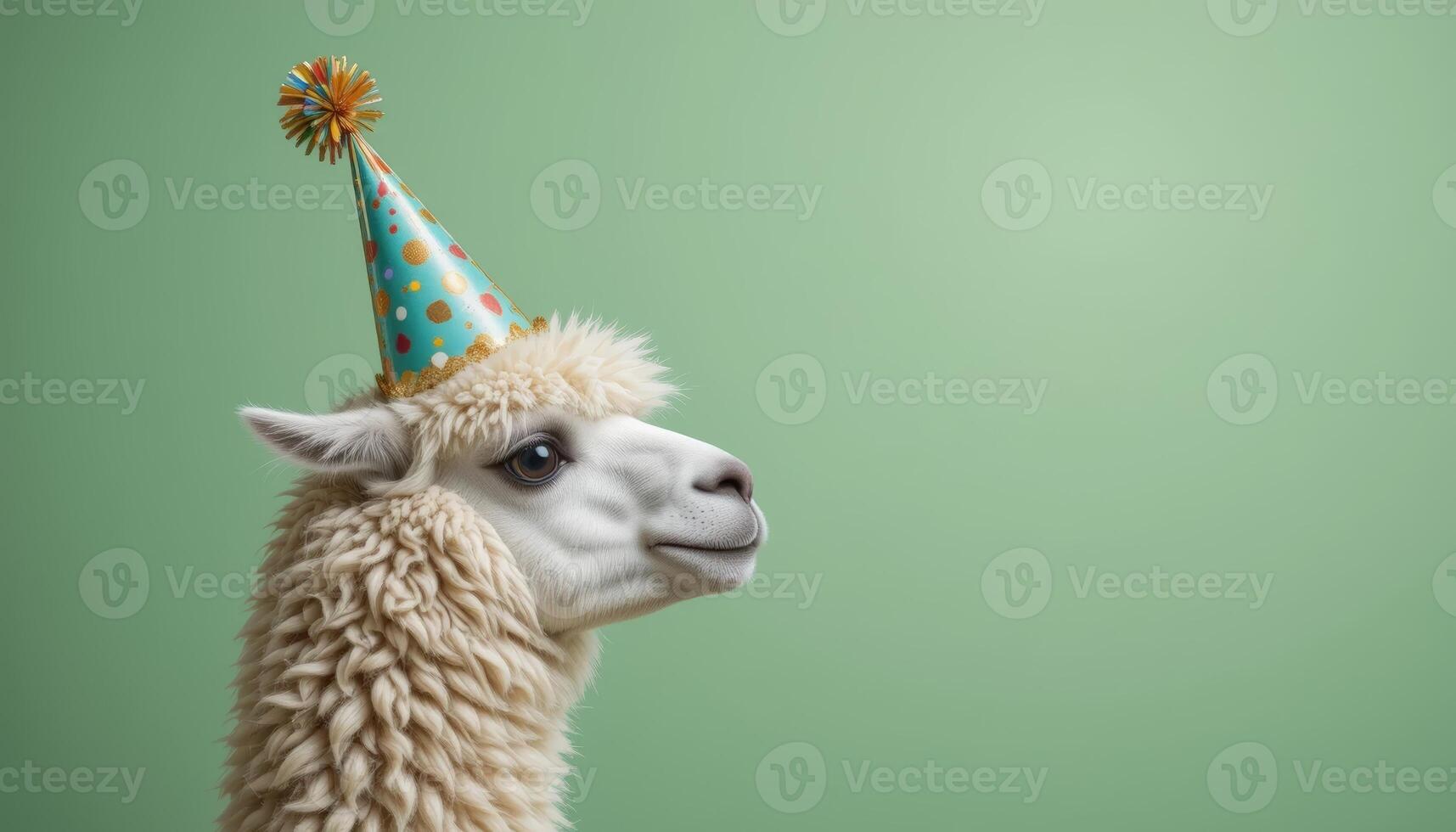 A white alpaca dons a stylish party hat, presenting a charming and festive appearance suitable for celebrations. photo