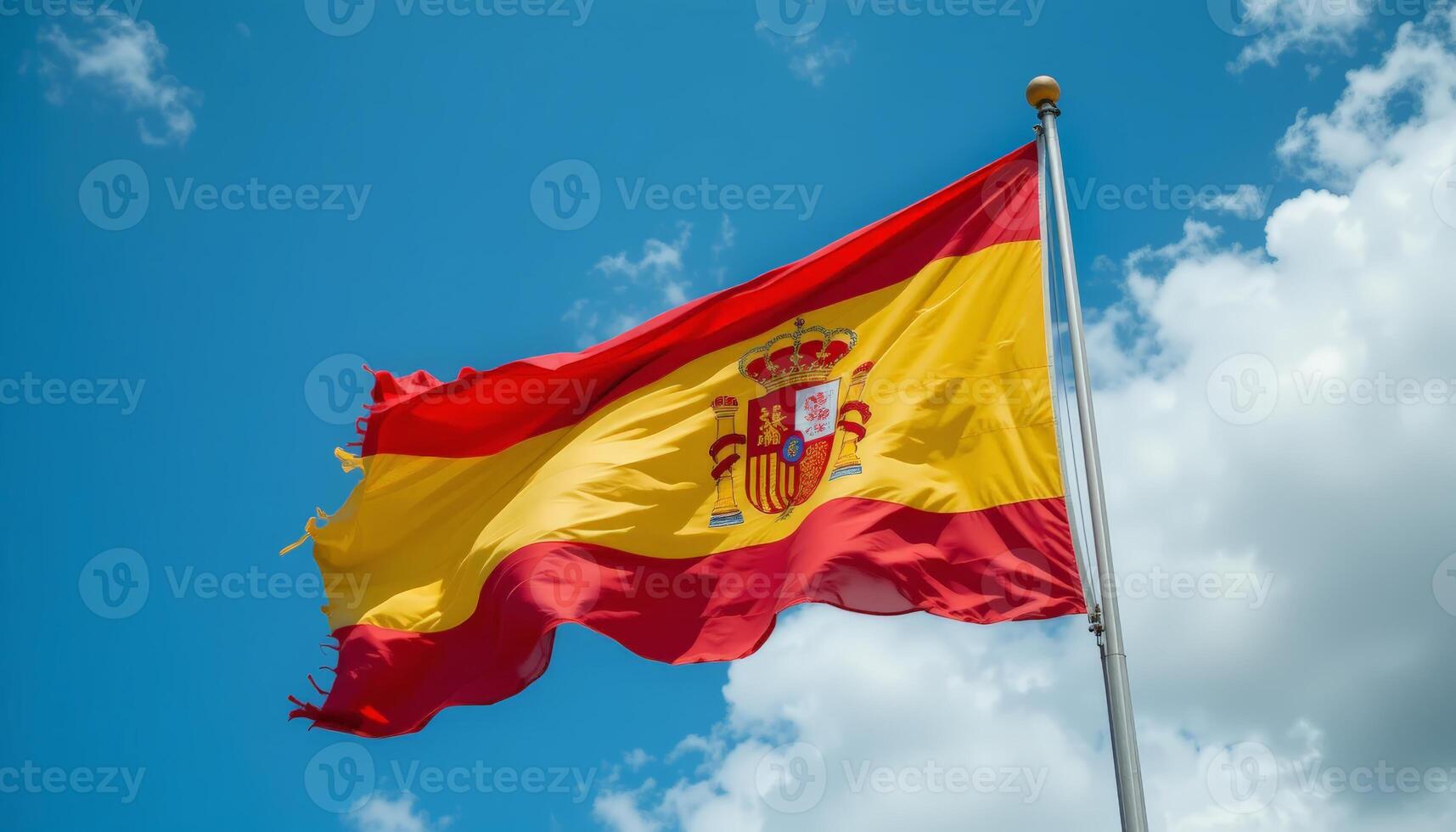 The Spanish flag billows elegantly in the wind, showcasing its vibrant colors and coat of arms against a bright sky, representing Spanish heritage and pride. photo