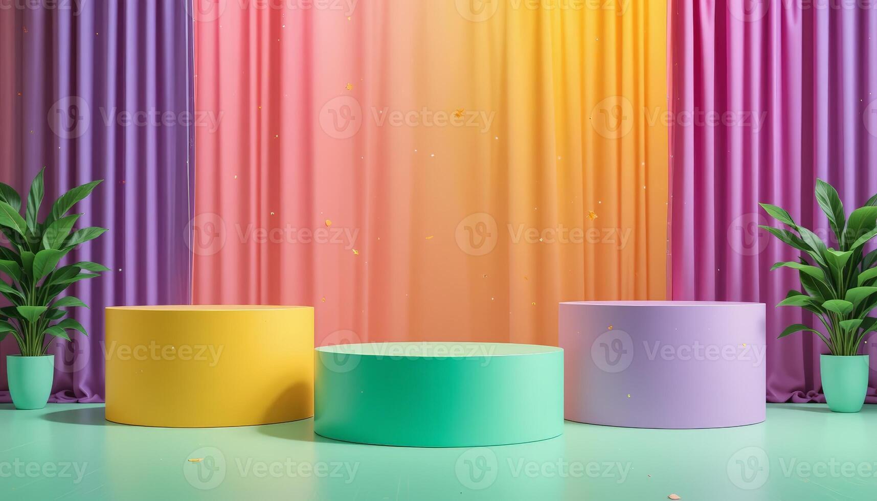 Colorful podiums in yellow, green, and purple arranged on a vibrant, multicolored background, ideal for events, competitions, awards, presentations, or promotional displays. photo