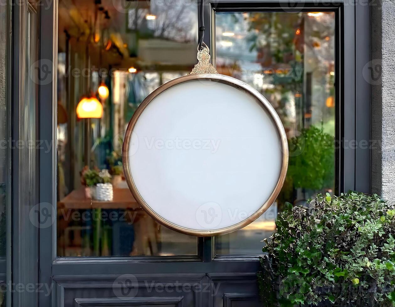Empty white Circular label with golden fame on a Shop Door photo