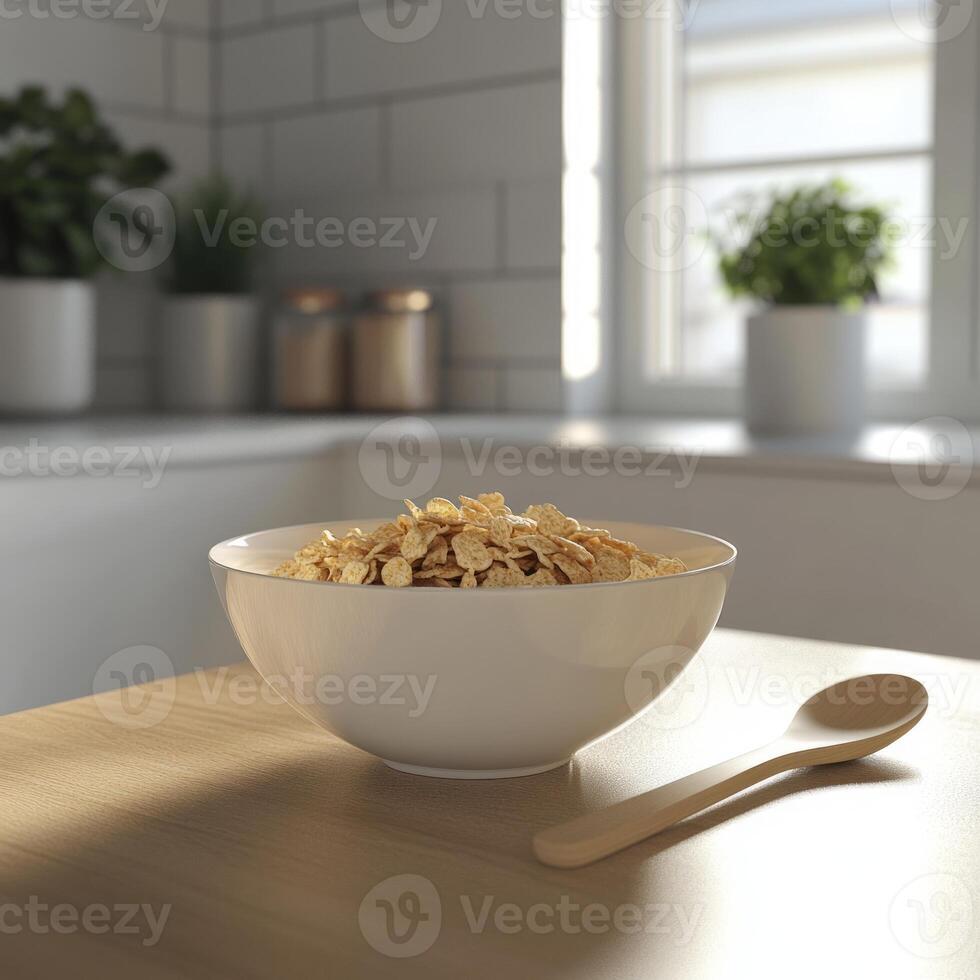 A bowl of cereal sits on a table in front of a window photo