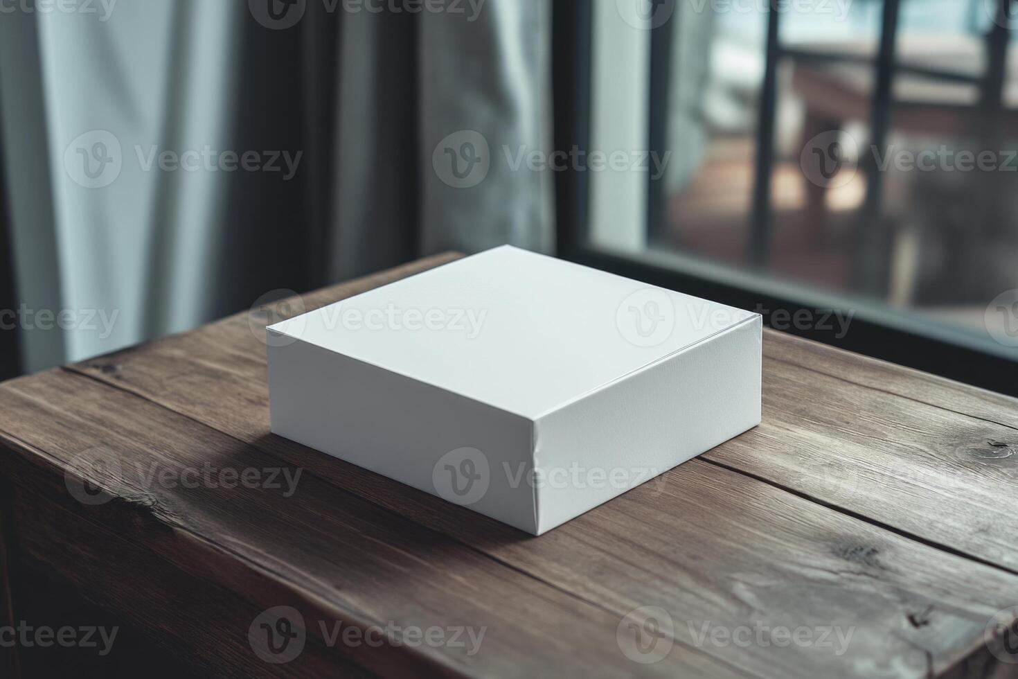 White box mockup on wooden table with window photo