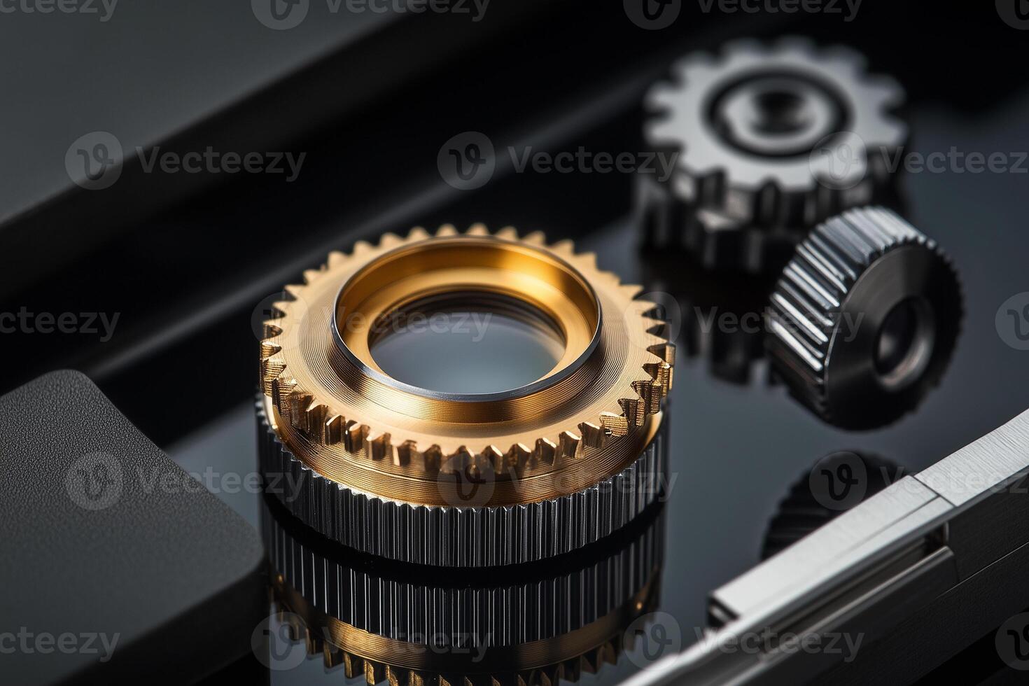 Exploring precision in watchmaking through intricate gears and a magnifying loupe photo