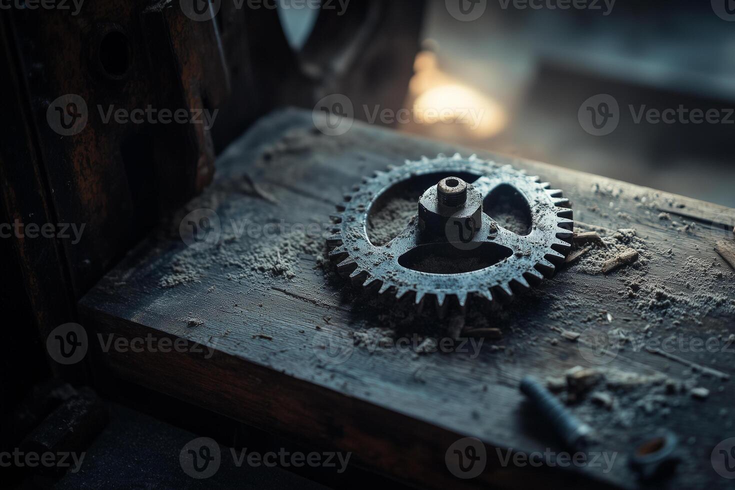 Carpentry gear resting on a wooden board in a rustic artisan studio filled with tools and sawdust photo