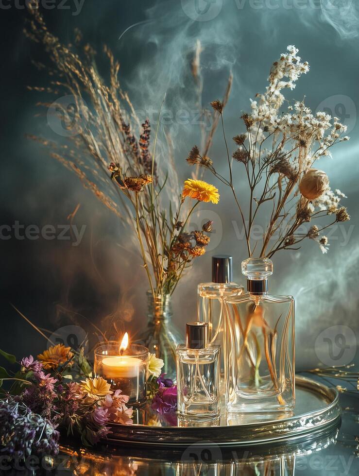 Elegant fragrance bottles surrounded by dried flowers and a glowing candle create a serene atmosphere photo