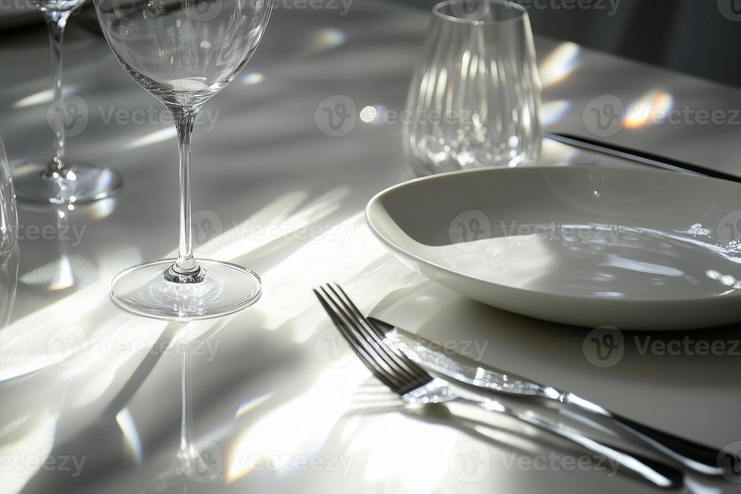 Elegant dining setup featuring cutlery, white dishes, and sparkling wine glasses on a reflective surface during a social gathering photo