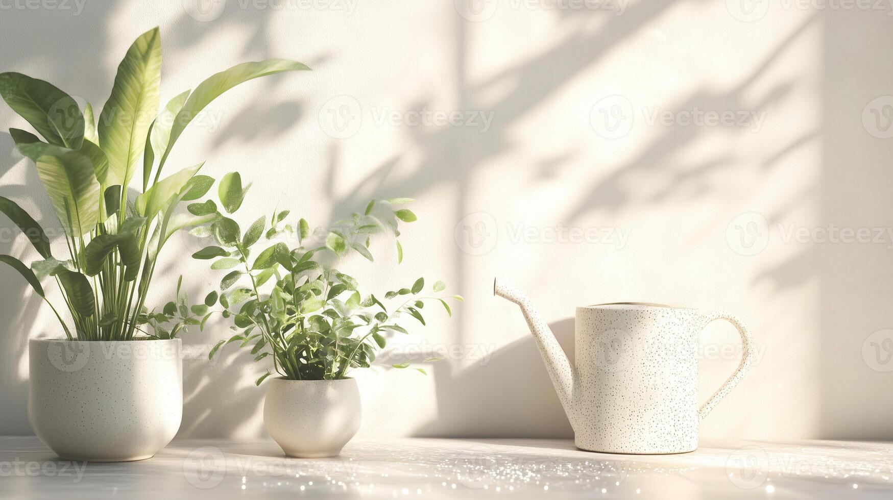 Ceramic pots, green plants, and a watering can arranged on a bright windowsill during midday sunlight photo