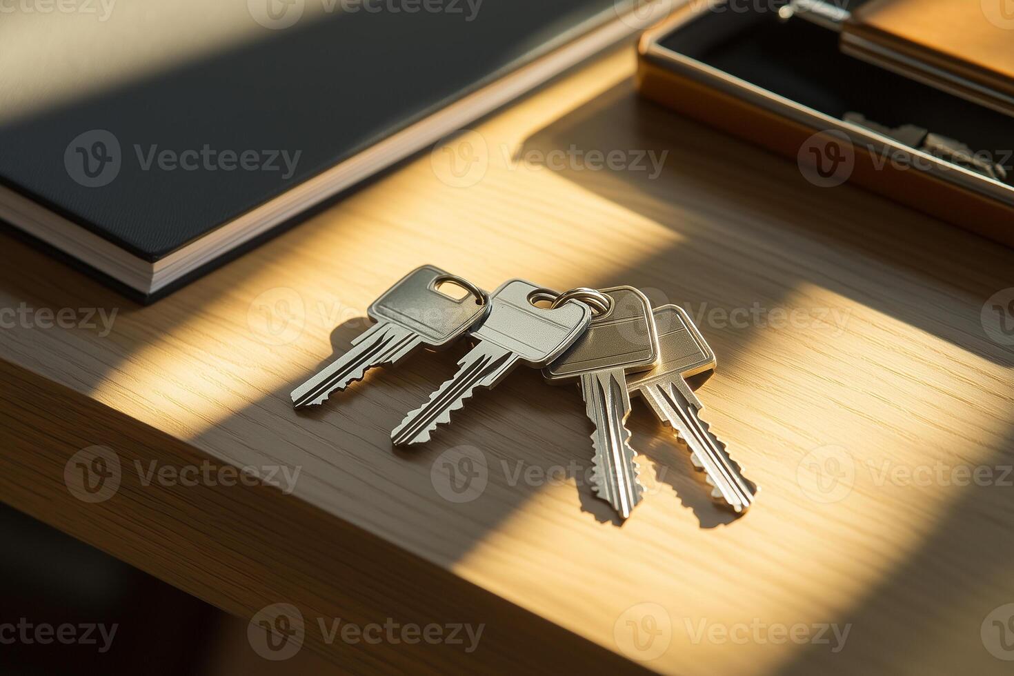 Real estate keys resting on a wooden table beside a house folder and notebooks during daylight photo