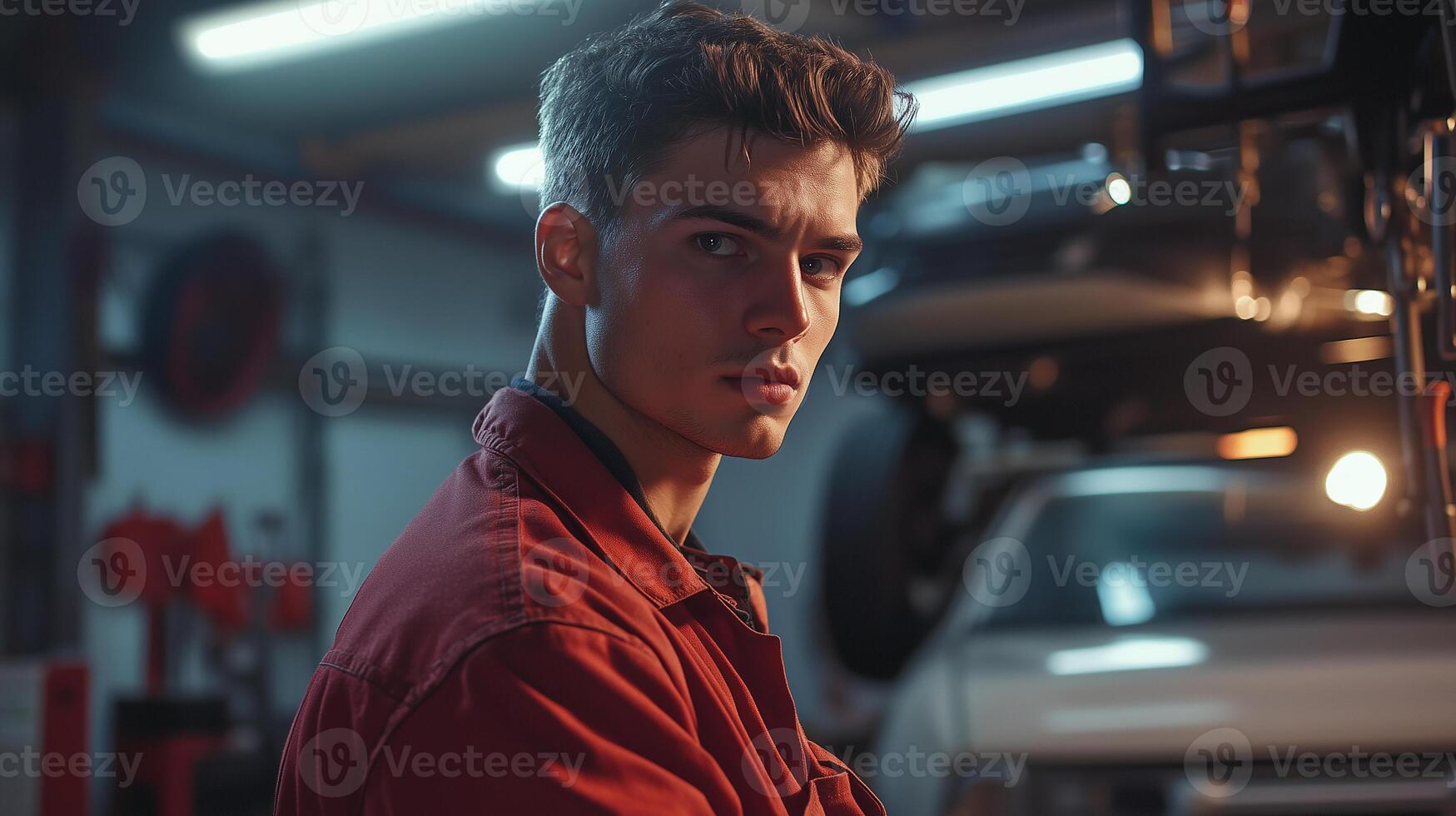 Professional mechanic works attentively in a clean auto repair shop during a busy afternoon focused on vehicle maintenance photo