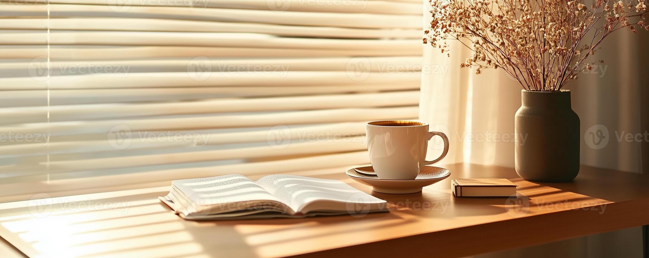 Warm morning light illuminates a cozy workspace with a notebook, coffee, and a touch of nature by the window photo