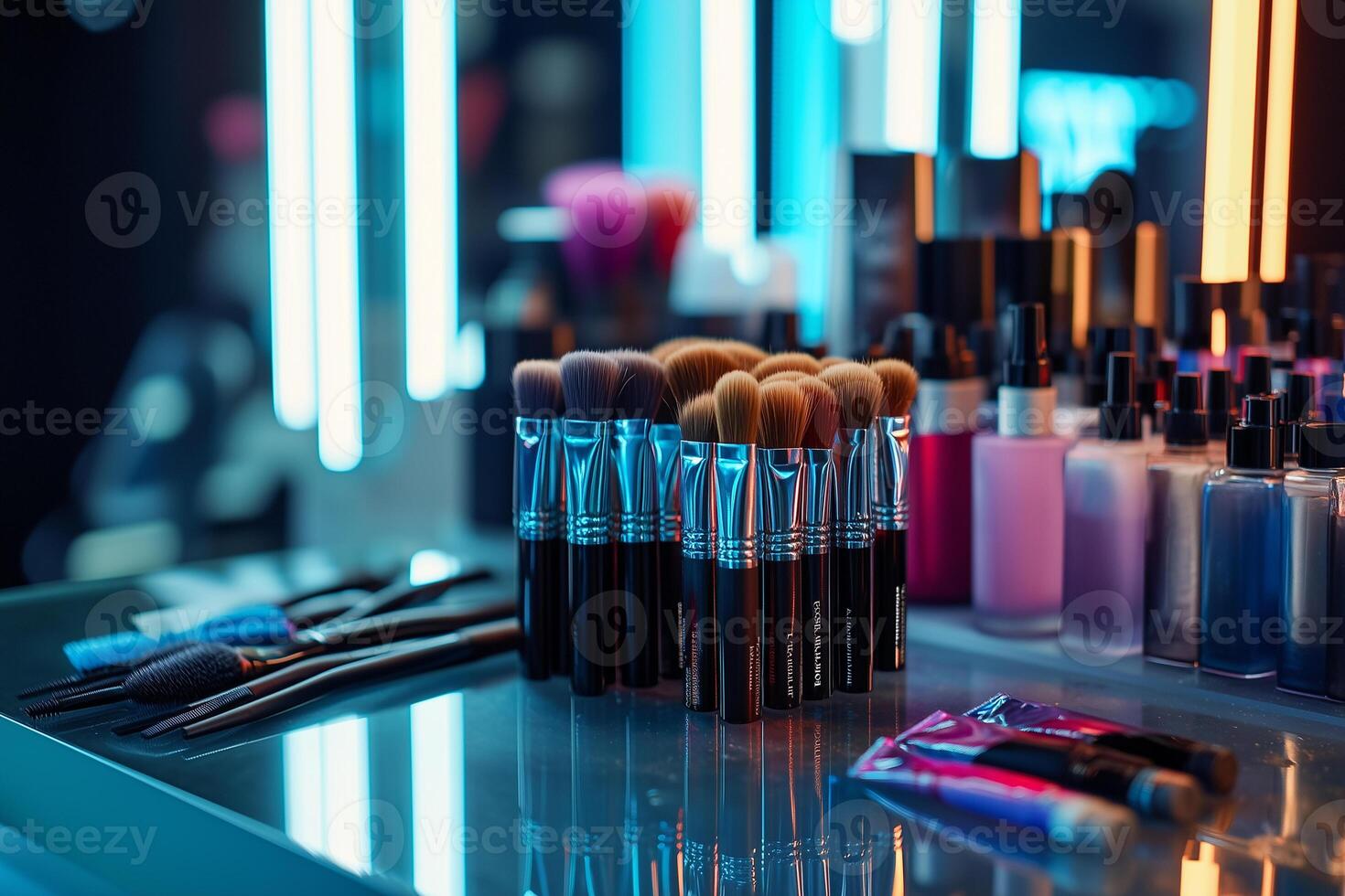 Hair dye tubes, brushes, and gloves arranged neatly for styling in a modern salon setting photo