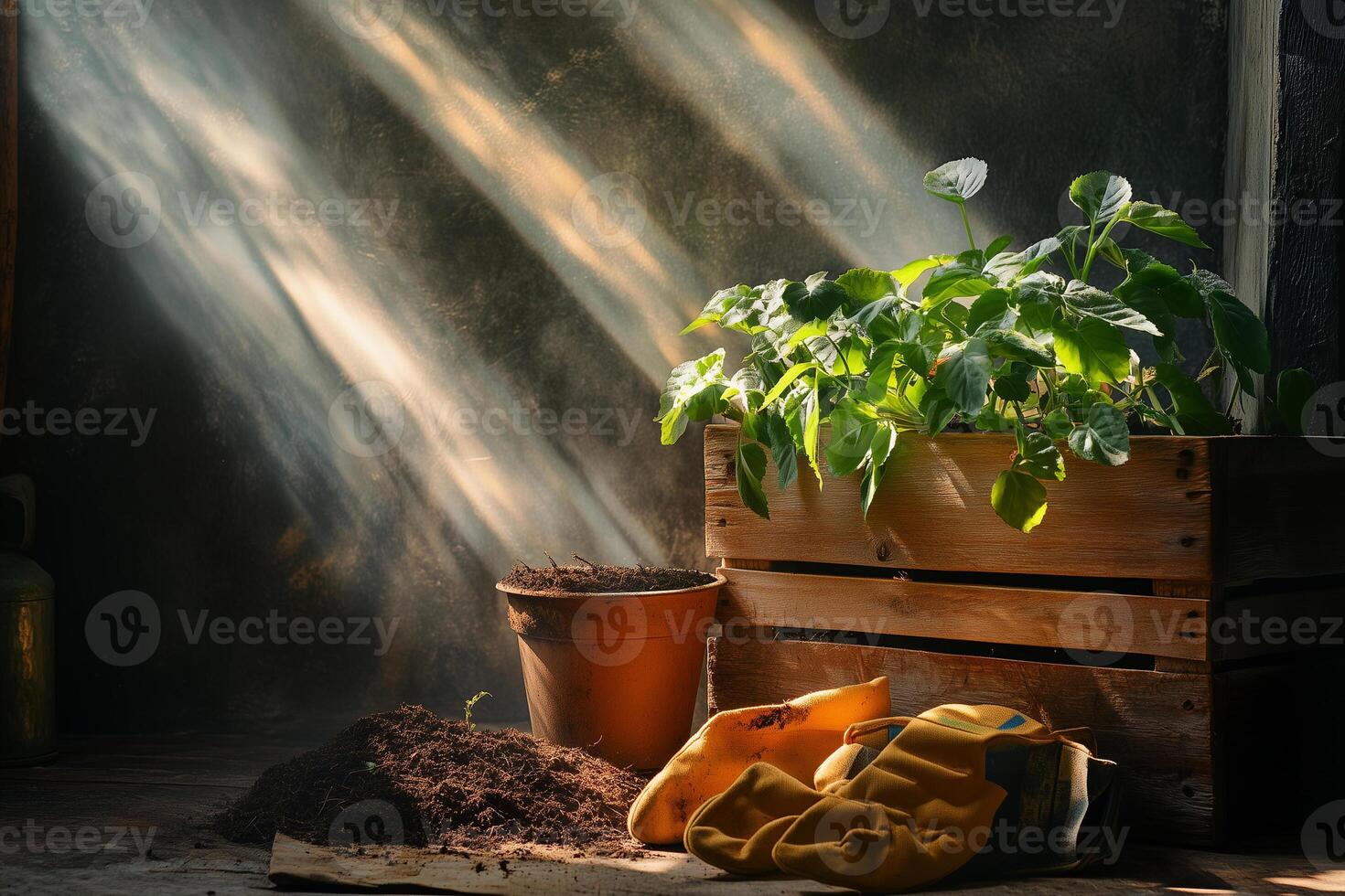 Gardening tools and pots with soil in a wooden crate illuminated by sunlight in an indoor setting photo