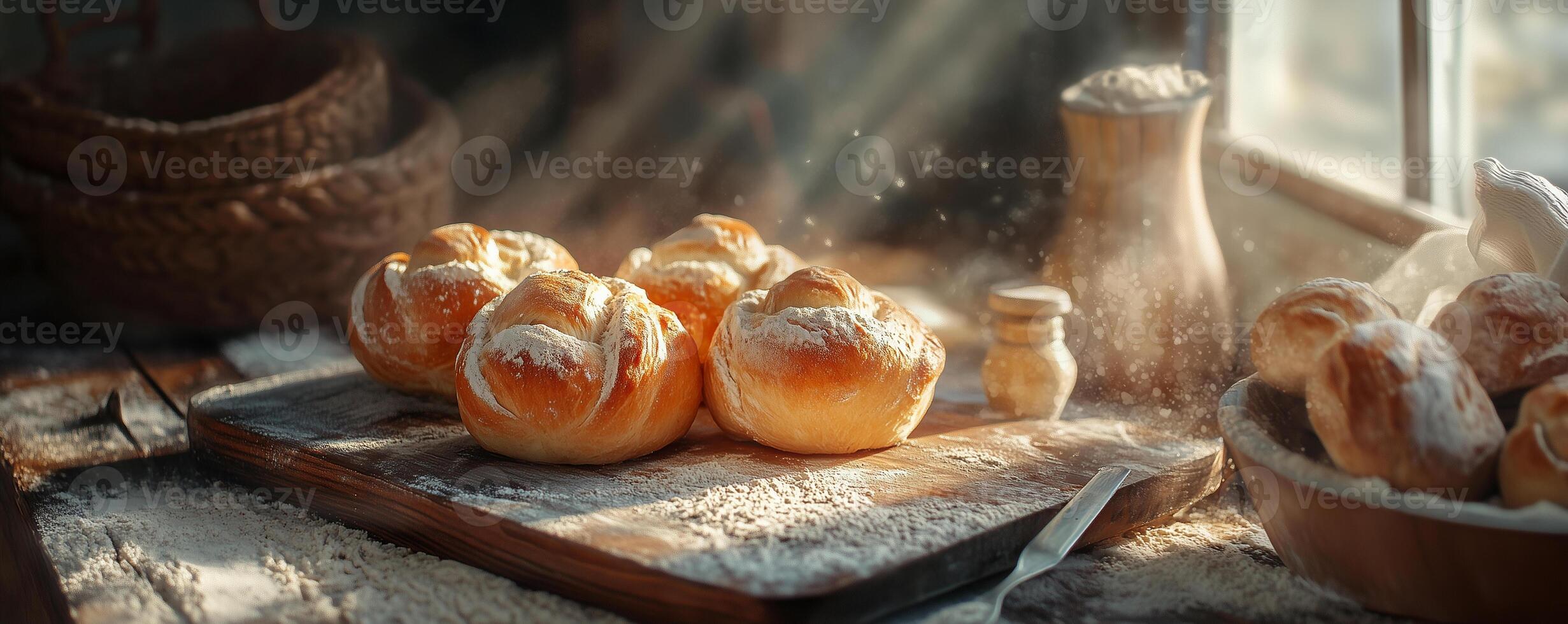 Soft rolls baked on a wooden board with flour and bakery tools in a cozy kitchen at dawn photo