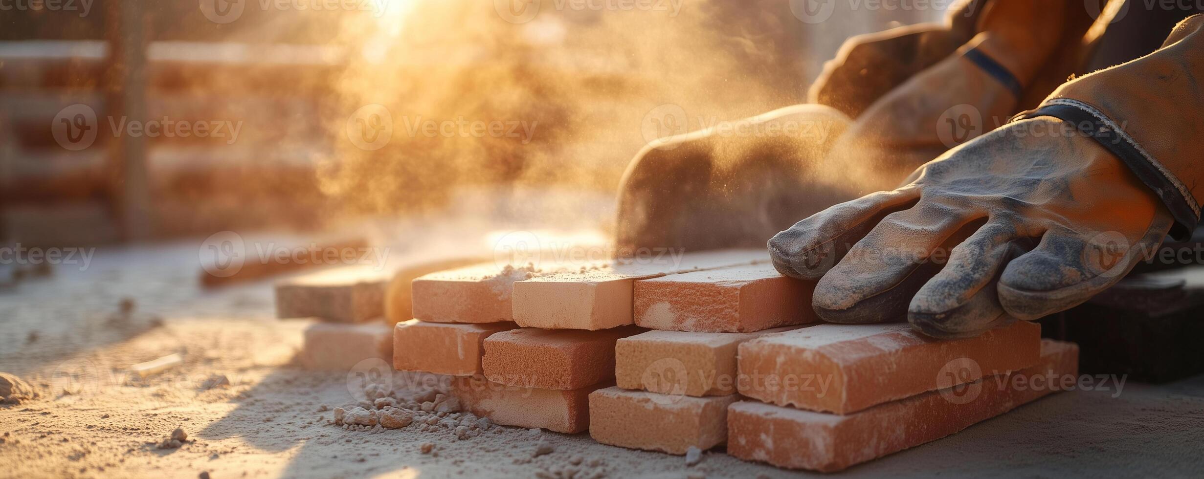 Brick cutting process with a tile cutter during construction work in a warm afternoon light photo