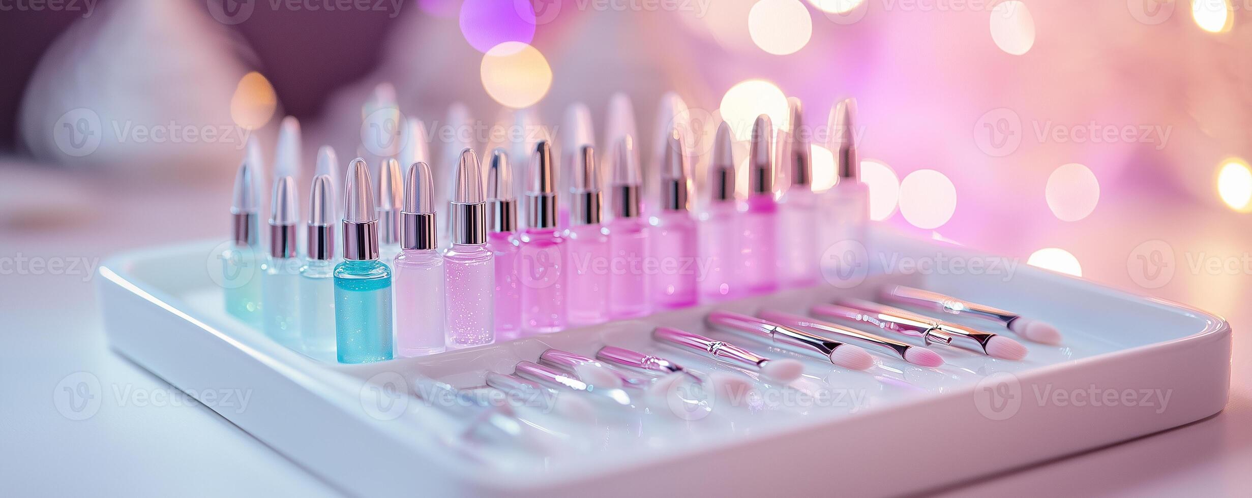 Manicure tools and nail polish arranged on a clean white tray in a well lit salon with a soft background glow photo