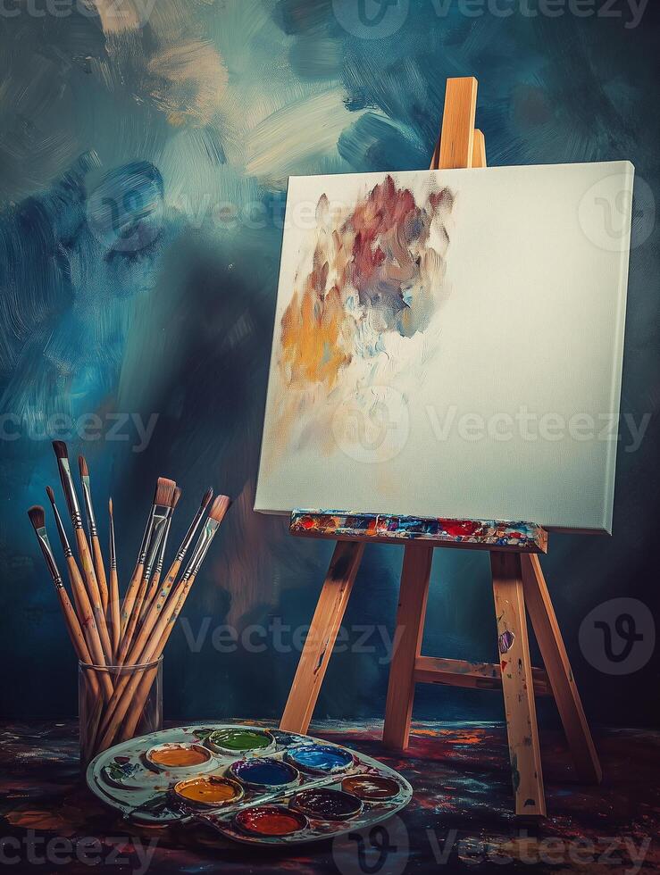 Brush set arranged with a palette and a blank canvas on an easel against a vibrantly colored backdrop in a creative workspace photo