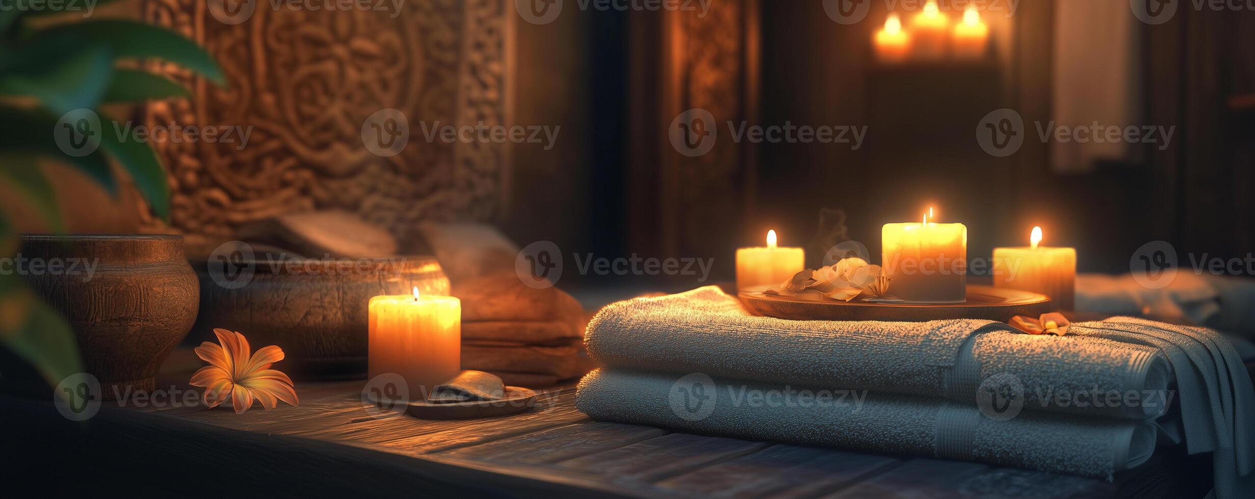 Relaxing spa retreat with scented oils, soft towels, and flickering candles creating a tranquil ambiance for wellness photo