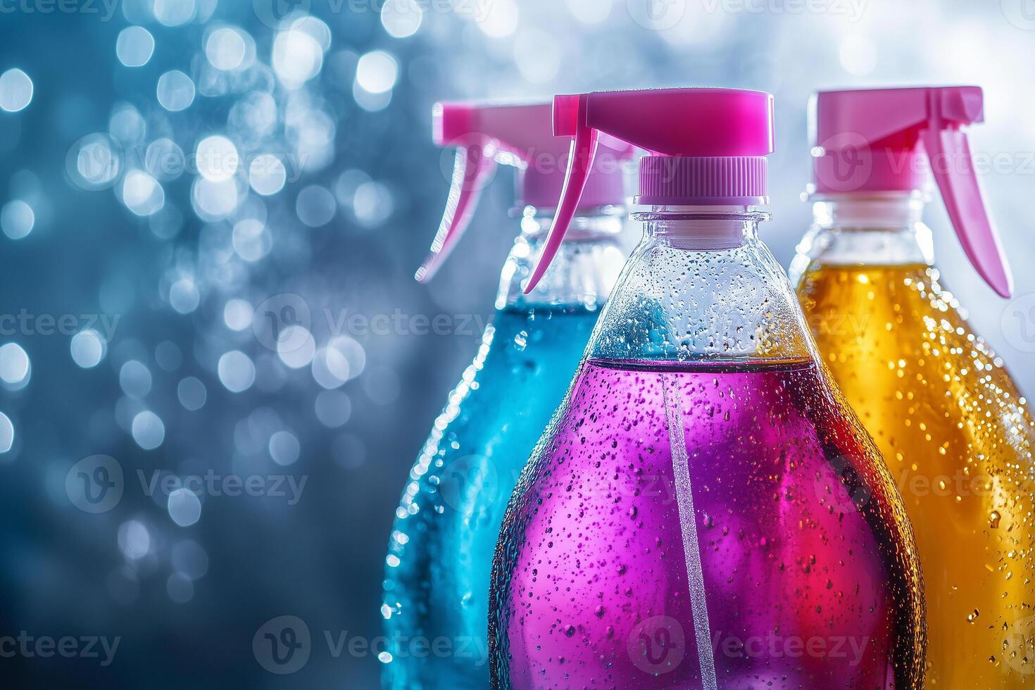 Colorful cleaning supplies showcase vibrant bottles in a homecare setting with water droplets reflecting a fresh and neat atmosphere photo