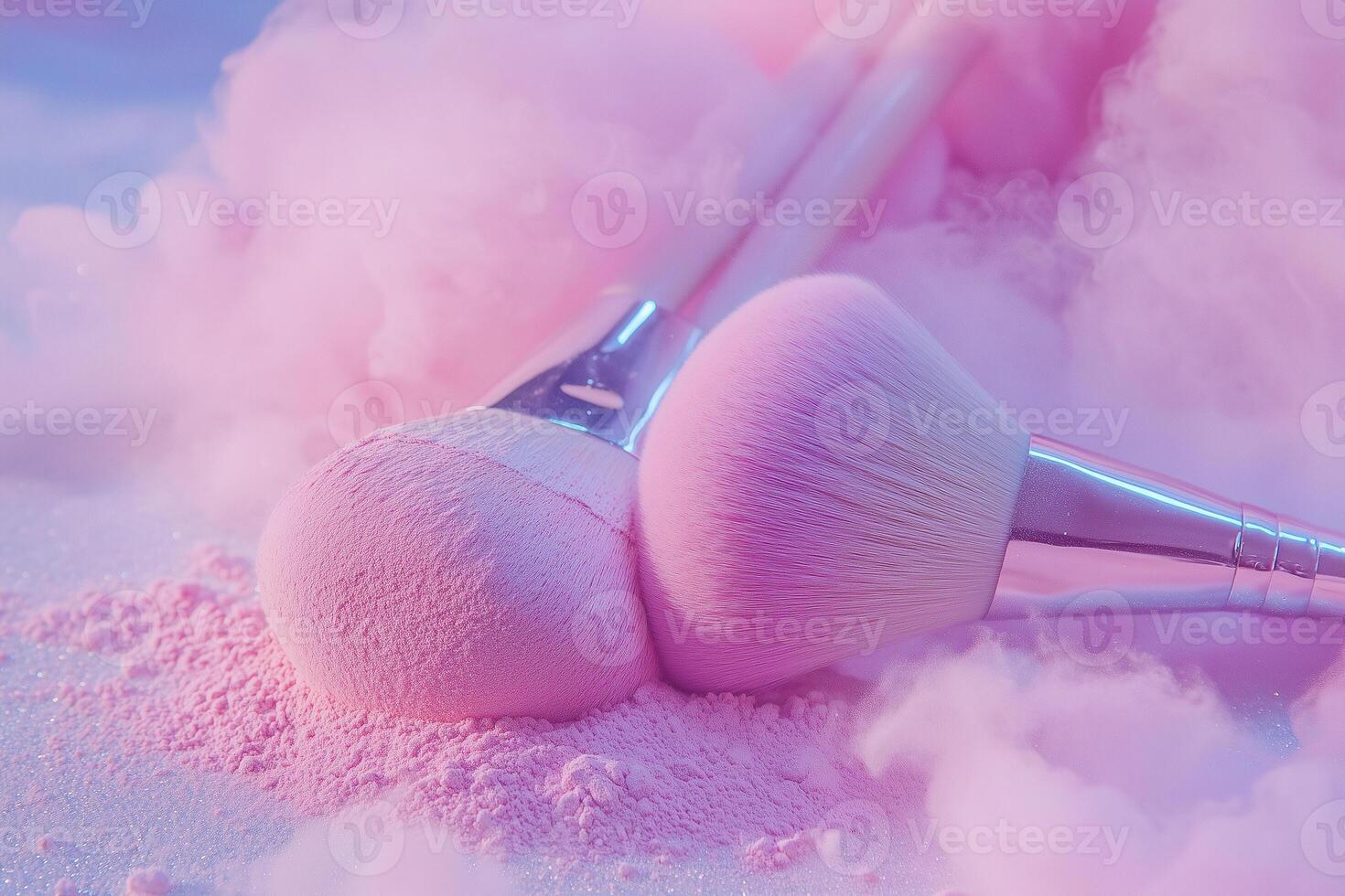 Makeup brushes and pastel powder palette create a dreamy beauty display in soft pink setting photo