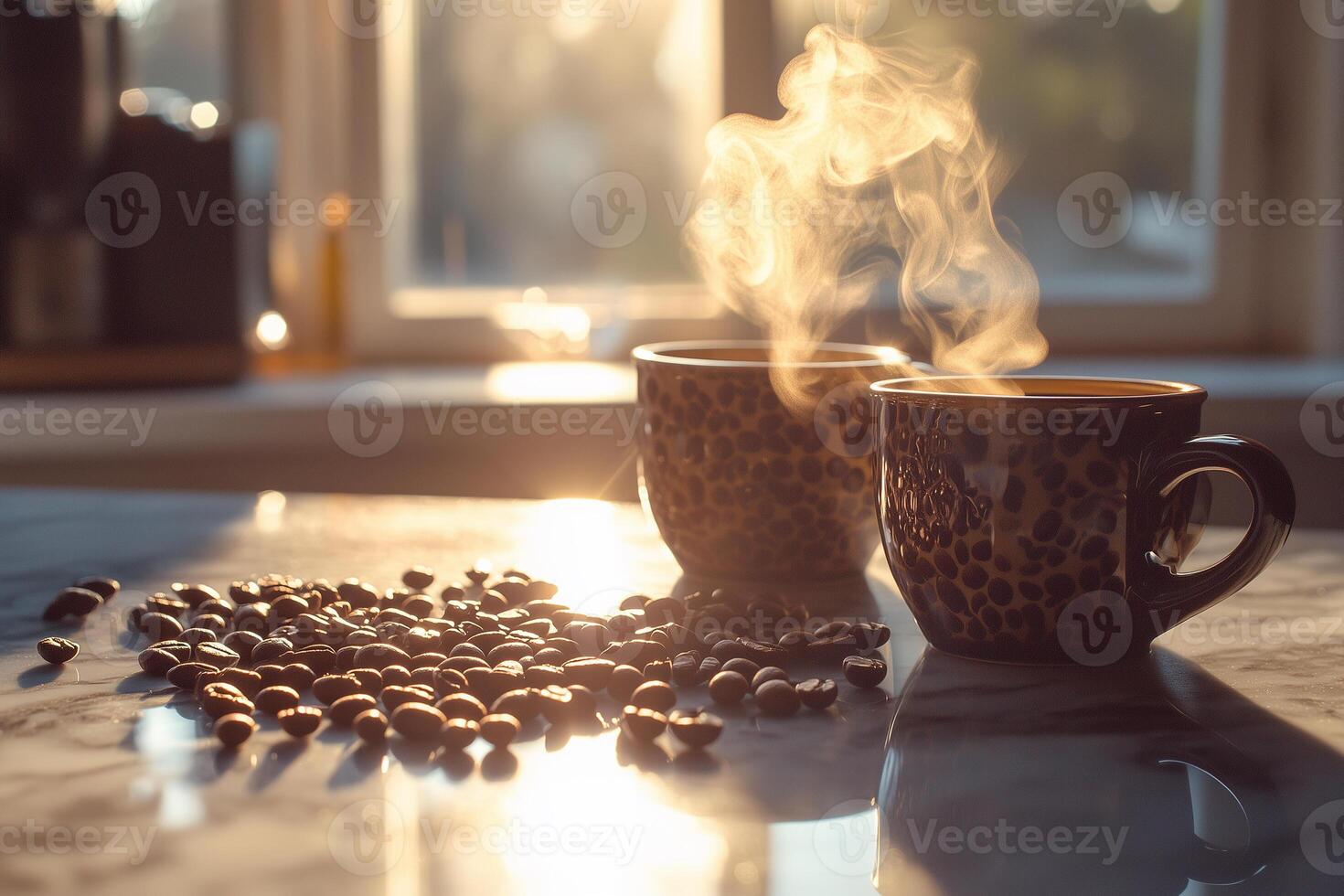 Bright morning coffee ritual with polished espresso machine handle and fresh beans in warm sunlight photo