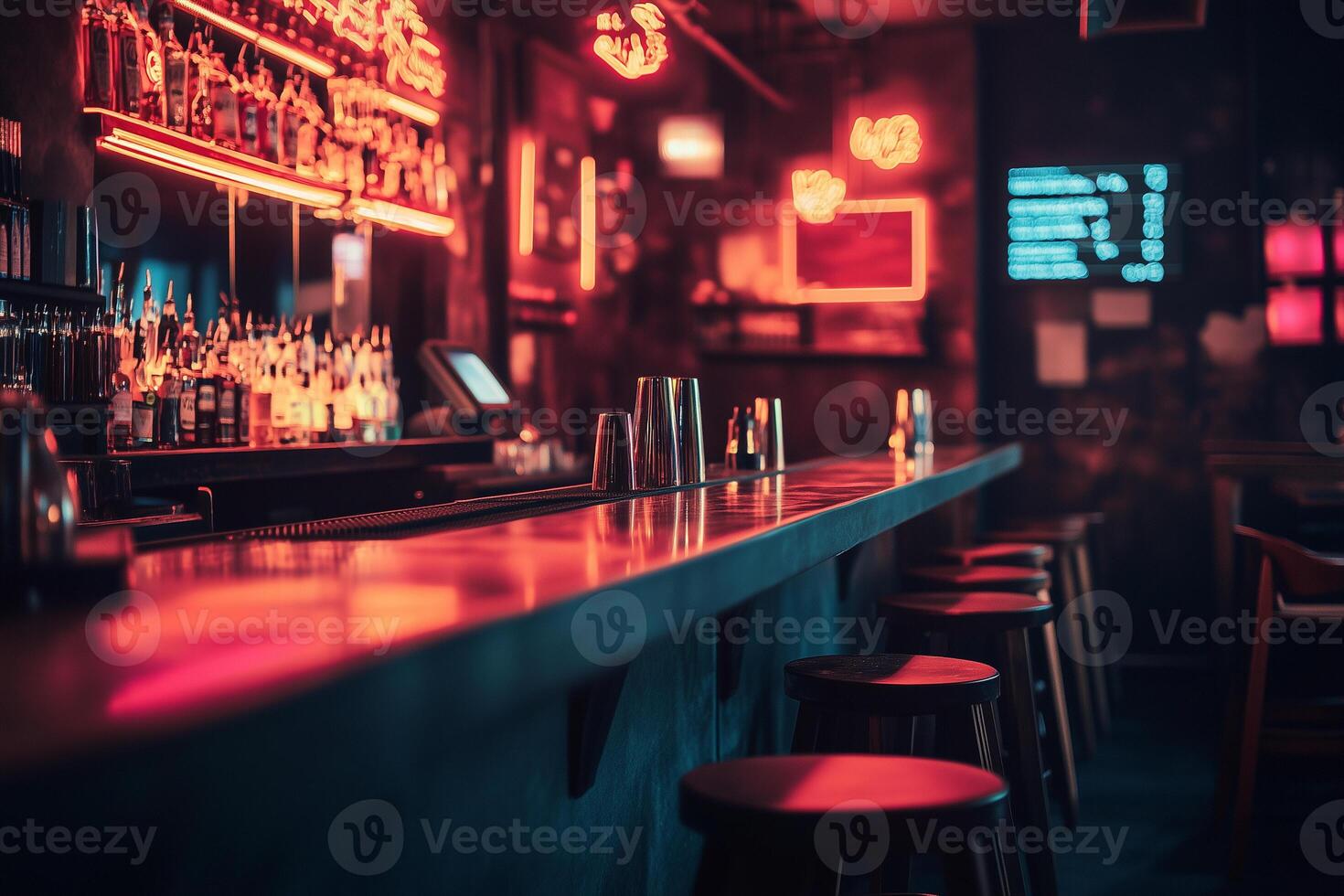 Neon signs illuminate a chalkboard menu in a lively bar with empty stools inviting patrons for an evening of relaxation photo
