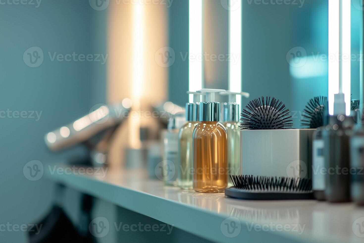 Spray bottles hair dryer and combs arranged neatly on a sleek vanity in a modern salon setting photo