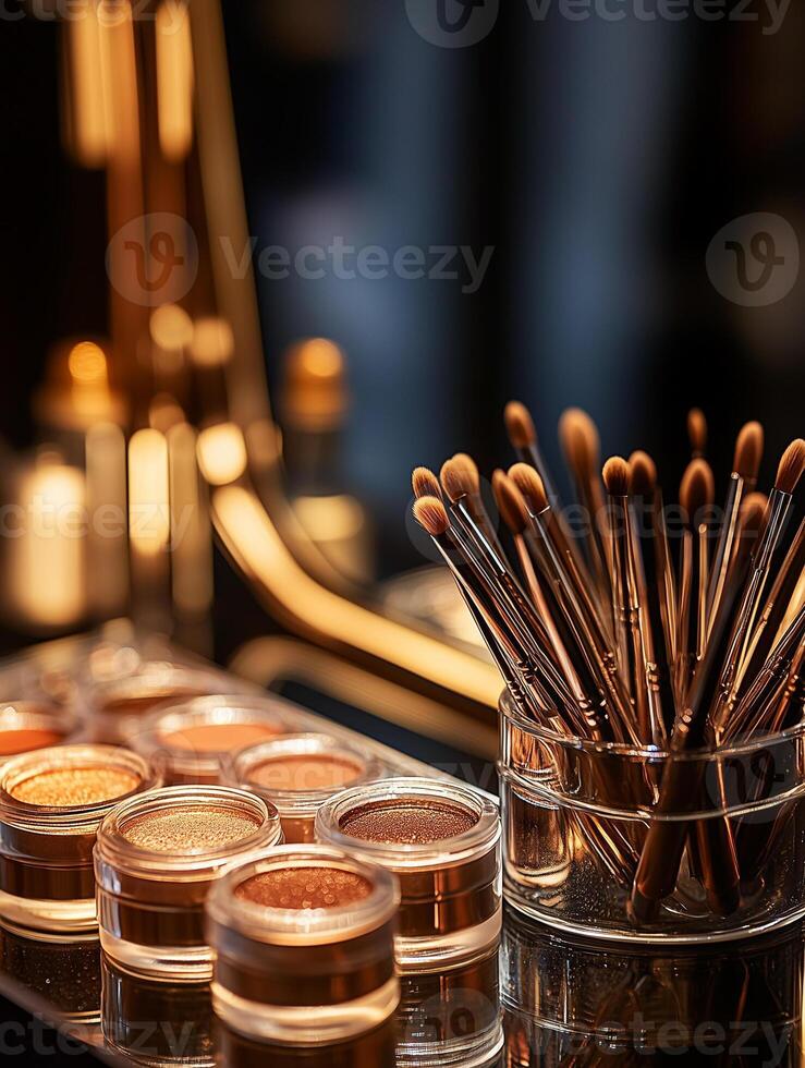 Microblading tools and cosmetics organized for beauty application in a stylish and modern makeup studio environment photo