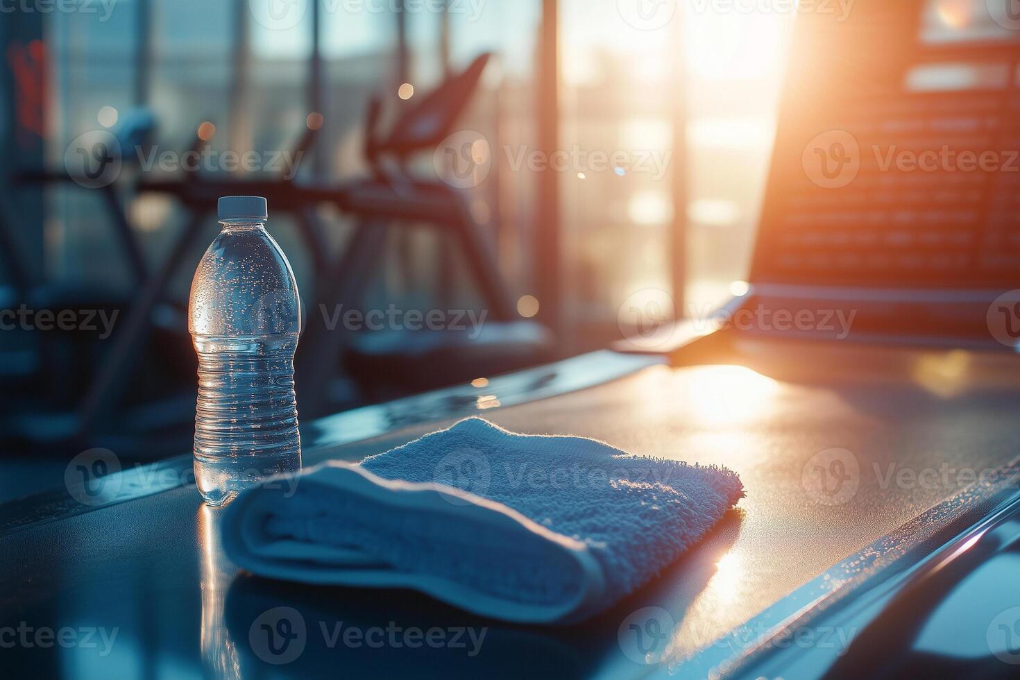 Treadmill with glowing screen near a water bottle and towel during a morning workout session in a modern gym photo