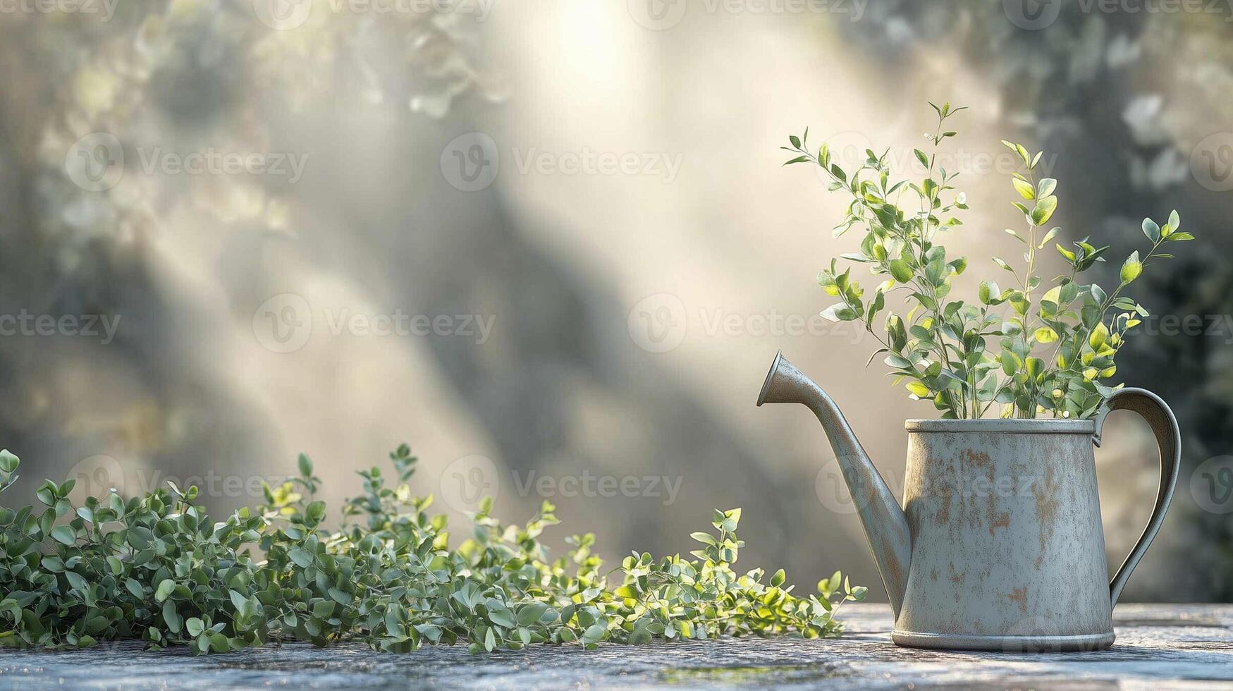Refreshing greenery and ceramic watering can enhance garden atmosphere for a peaceful moment in nature photo