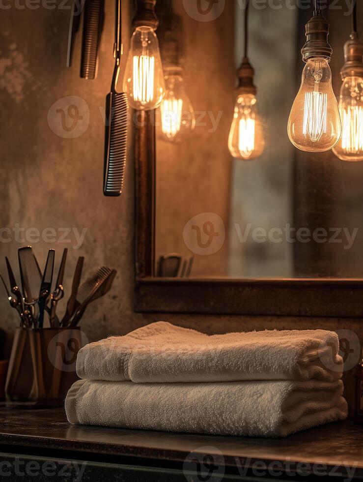Vintage barber towels and scissors arranged neatly under warm lights in a classic barbershop setting photo