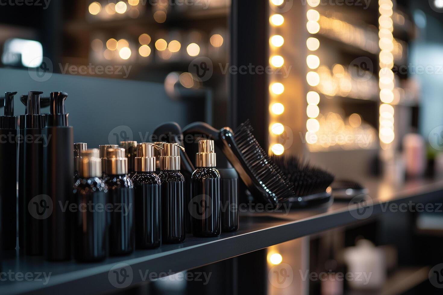 Spray bottles hair dryer and combs arranged neatly on a sleek shelf in a modern salon during daytime photo