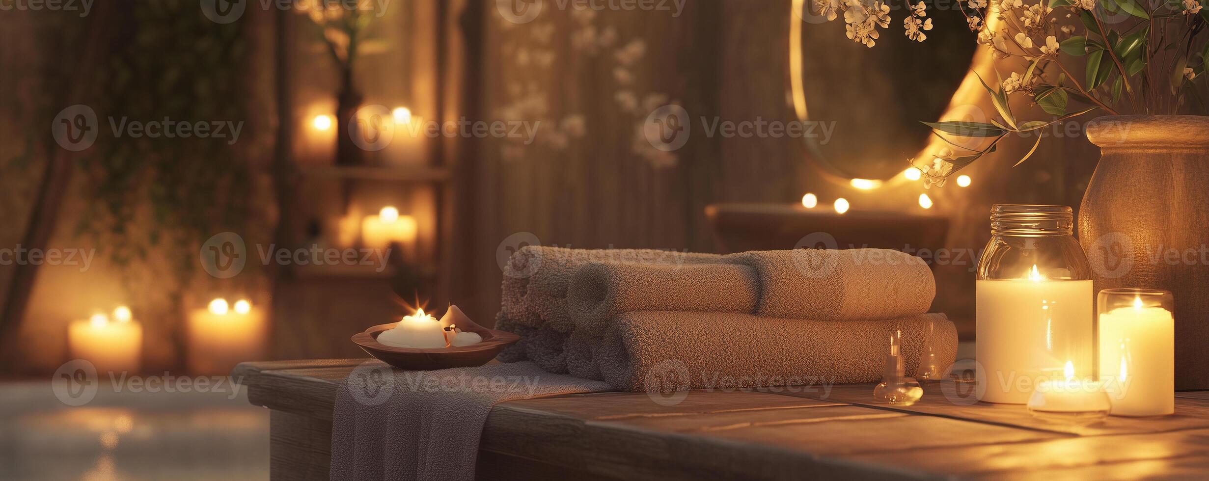 Relaxing spa retreat with oils towels and candles for ultimate wellness experience photo