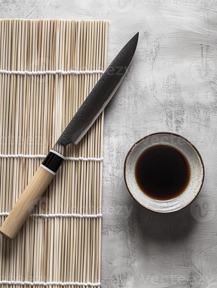 Expert sushi preparation tools featuring a bamboo mat, sharp sushi knife, and a bowl of soy sauce photo