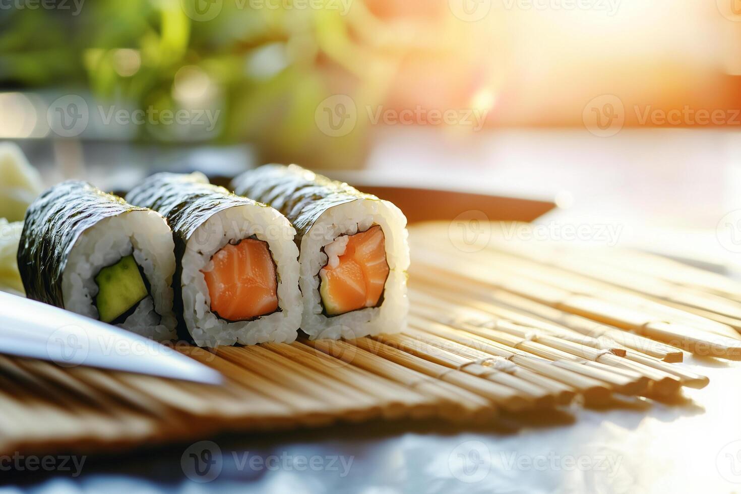 Preparation of sushi rolls with fresh ingredients on a bamboo mat during a sunny kitchen session photo