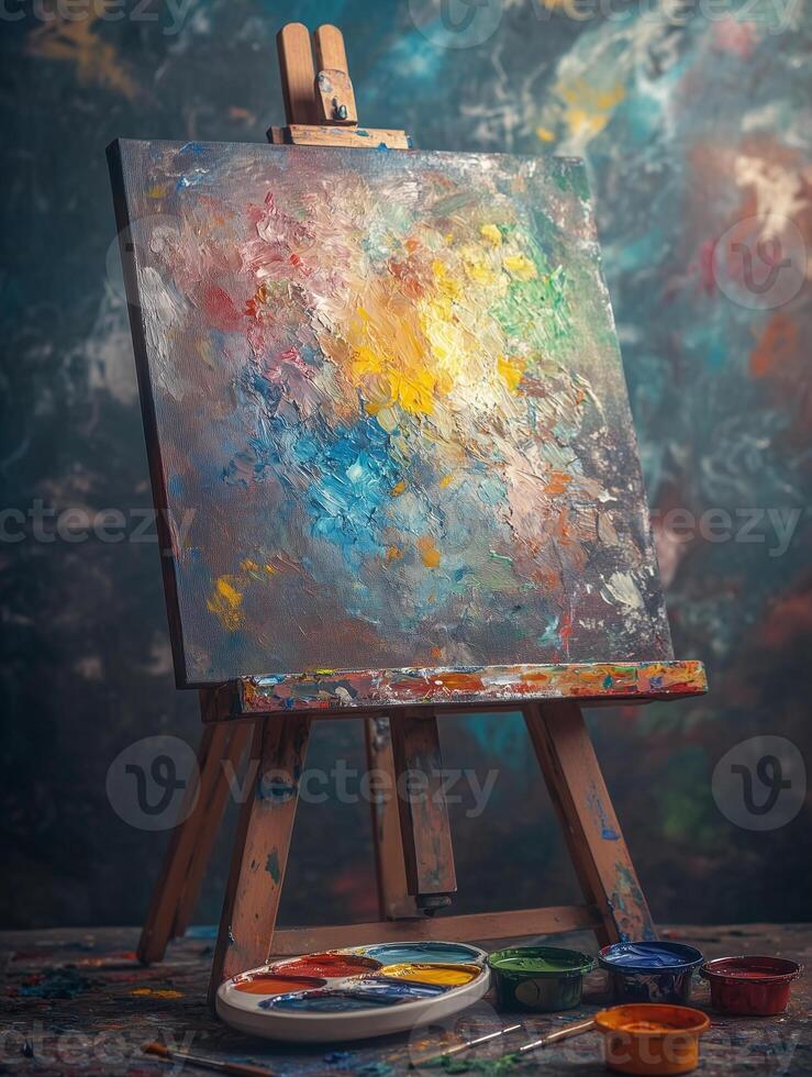 Brush set and vibrant color palette positioned beside a leaning canvas under soft lighting in an artistic workspace photo