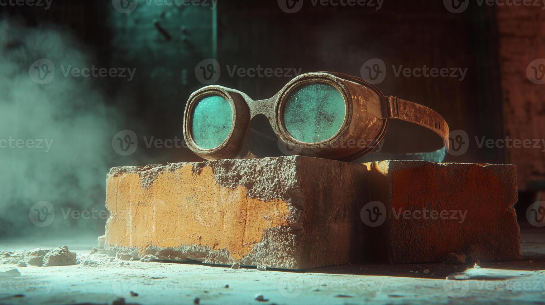 Exploring brick samples and vintage goggles in a raw construction environment during late afternoon hours photo