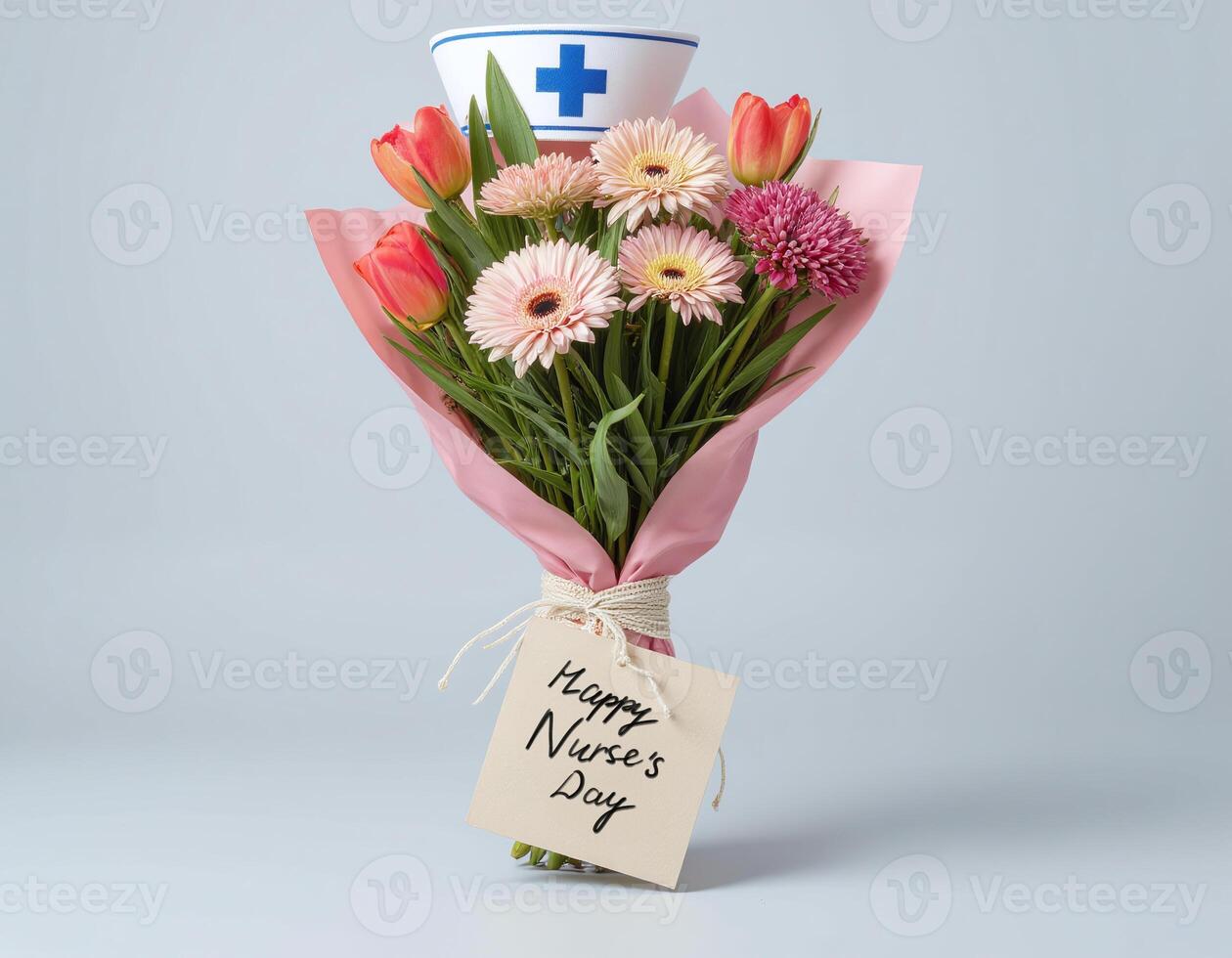 A bouquet of pink gerbera daisies and orange tulips wrapped in pink paper, topped with a nurses cap featuring a blue cross. A tag reading Happy Nurse's Day is tied to the bouquet. blue background photo