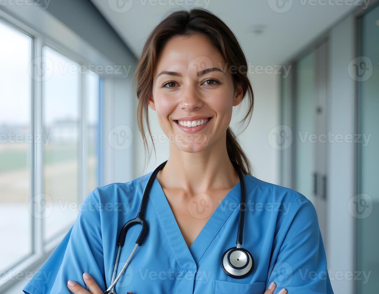 Portrait of a smiling female nurse with a stethoscope, arms crossed, in a contemporary hospital corridor. Represents nursing, competence, and a welcoming medical presence. photo