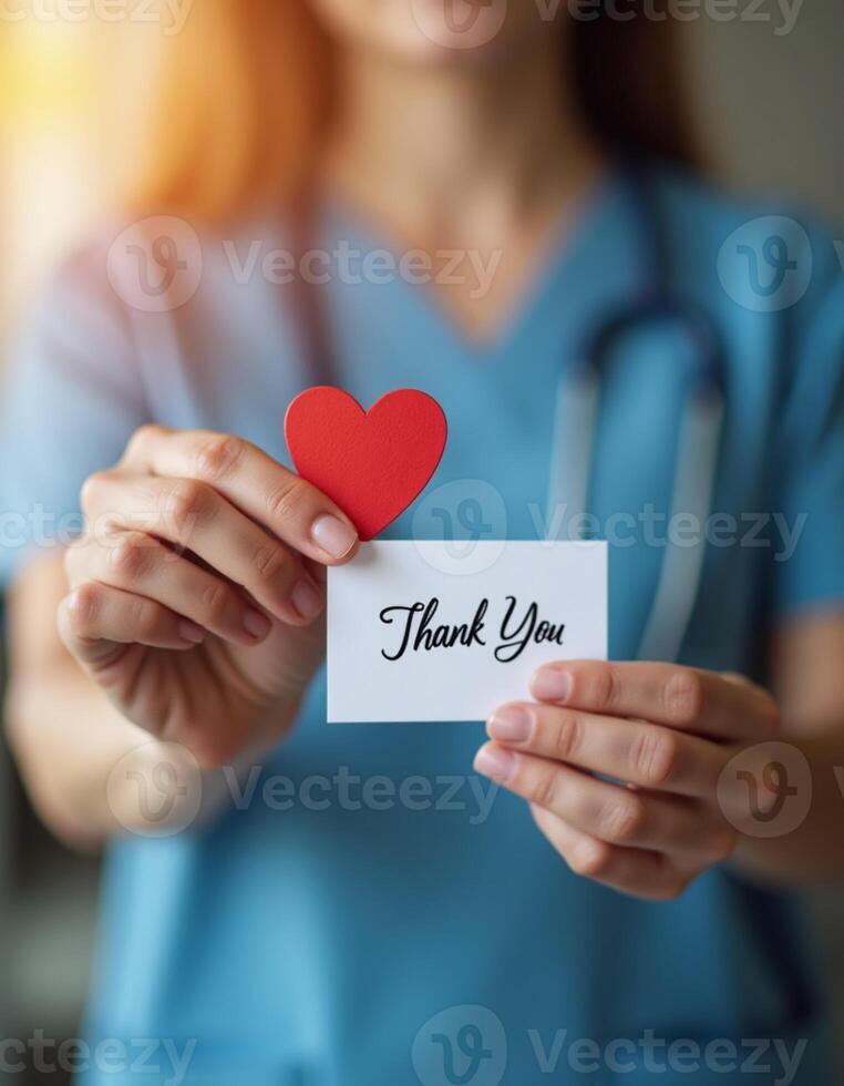 Closeup of a healthcare worker in blue scrubs holding a small red heart and a white card that reads Thank You. blurred background. Represents gratitude and appreciation for healthcare professionals photo