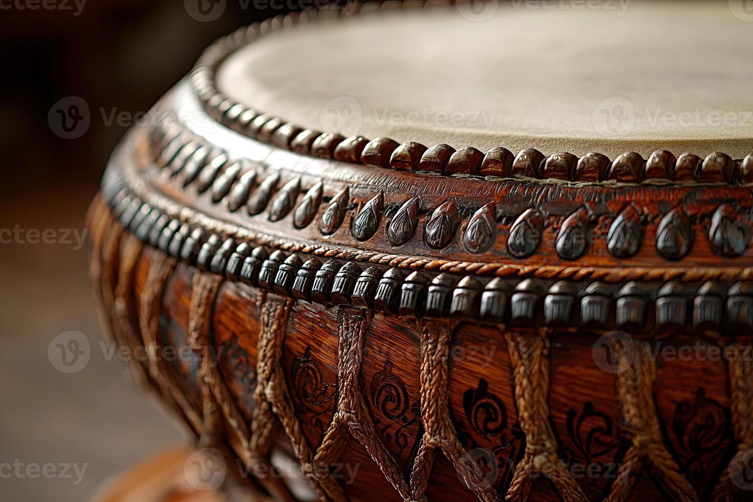 close-up traditional tabla, emphasizing its beautiful materials, structure, and unique character. image for music-related content, educational materials, visual storytelling about Indian heritage photo