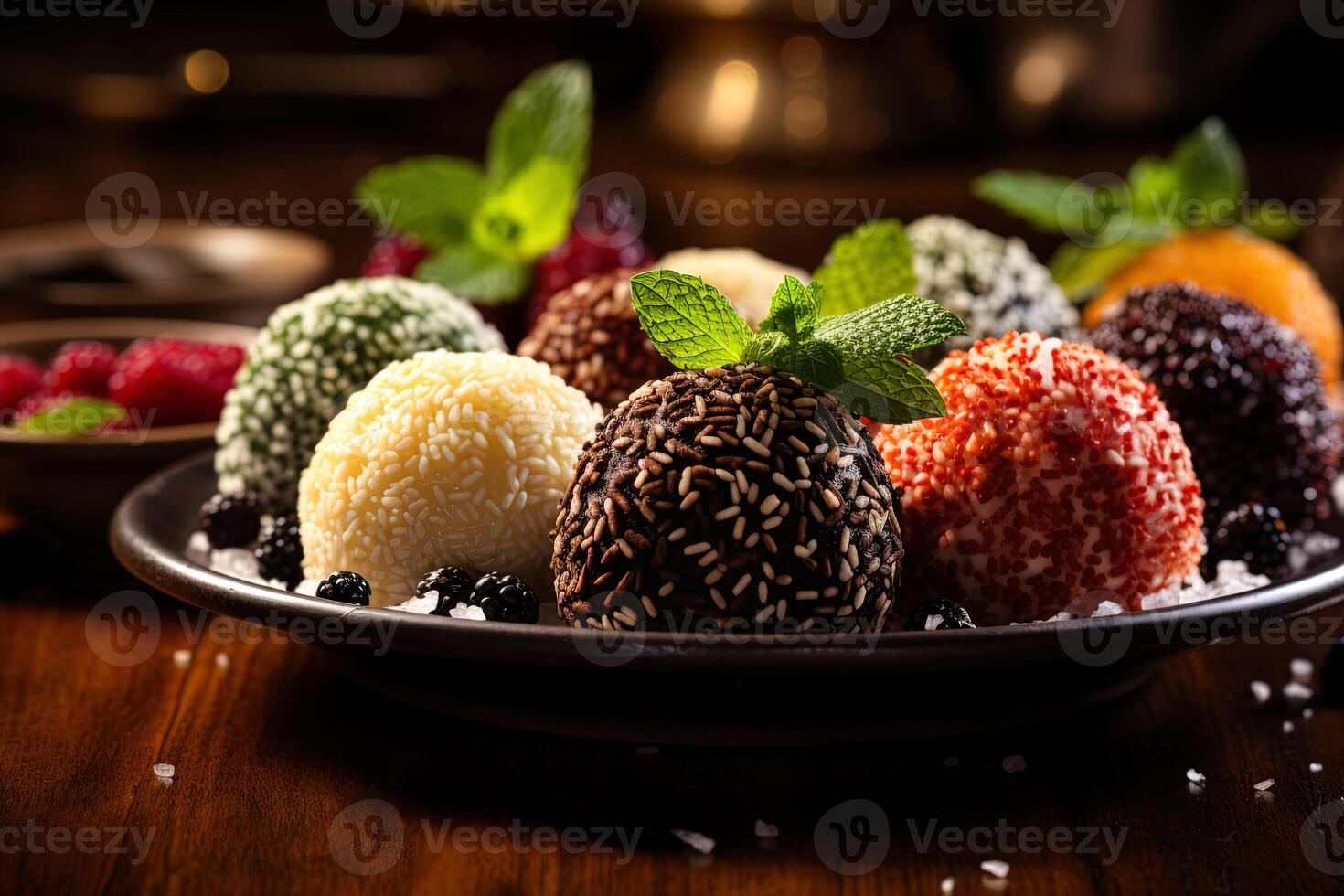 close up of plate with traditional brazilian sweets brigadeiros with mint leaf on dark wooden background photo